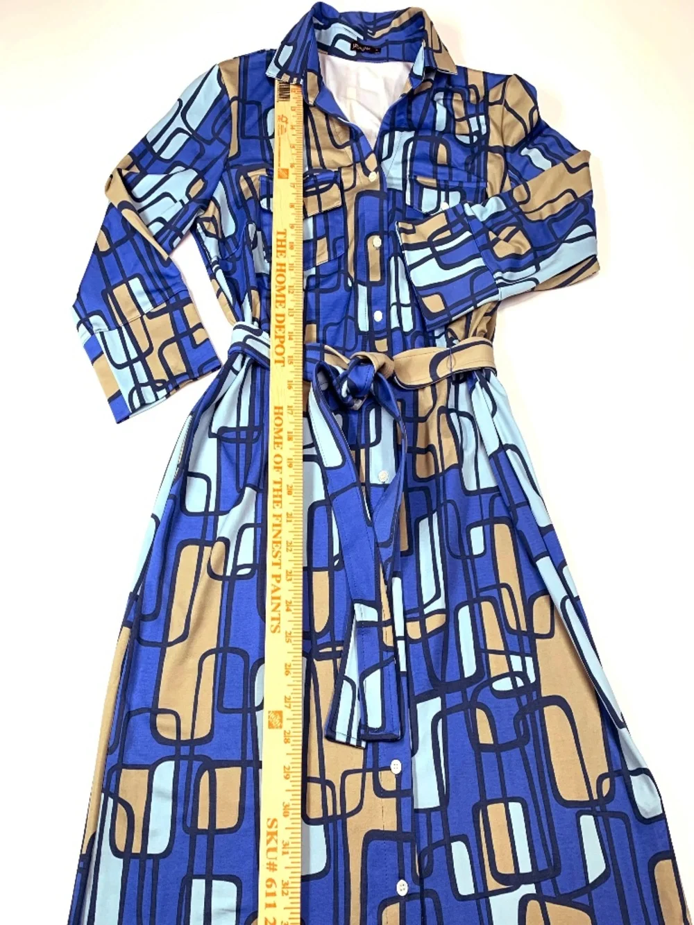 J. McLaughlin Knit Jersey Collared Belted Shirt Dress Women Blue Geometric Med